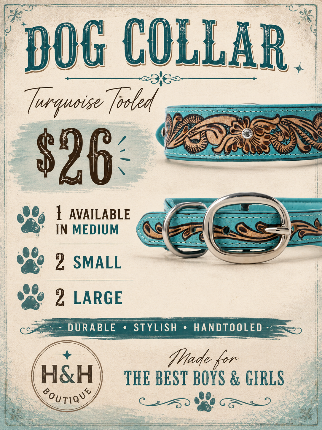 RTS Turquoise Leather Tooled Dog Collar