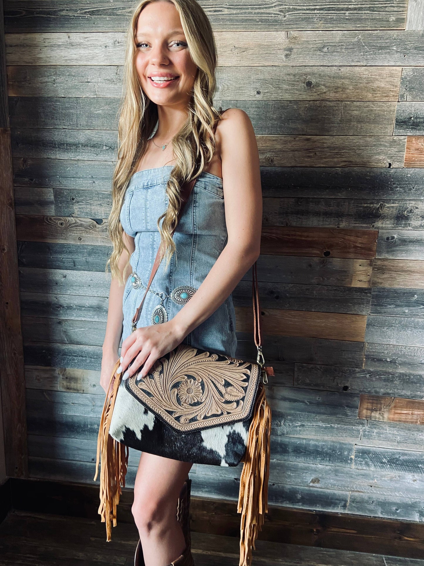 Detailed Tooled Leather Fringe Cowhide Western Purse