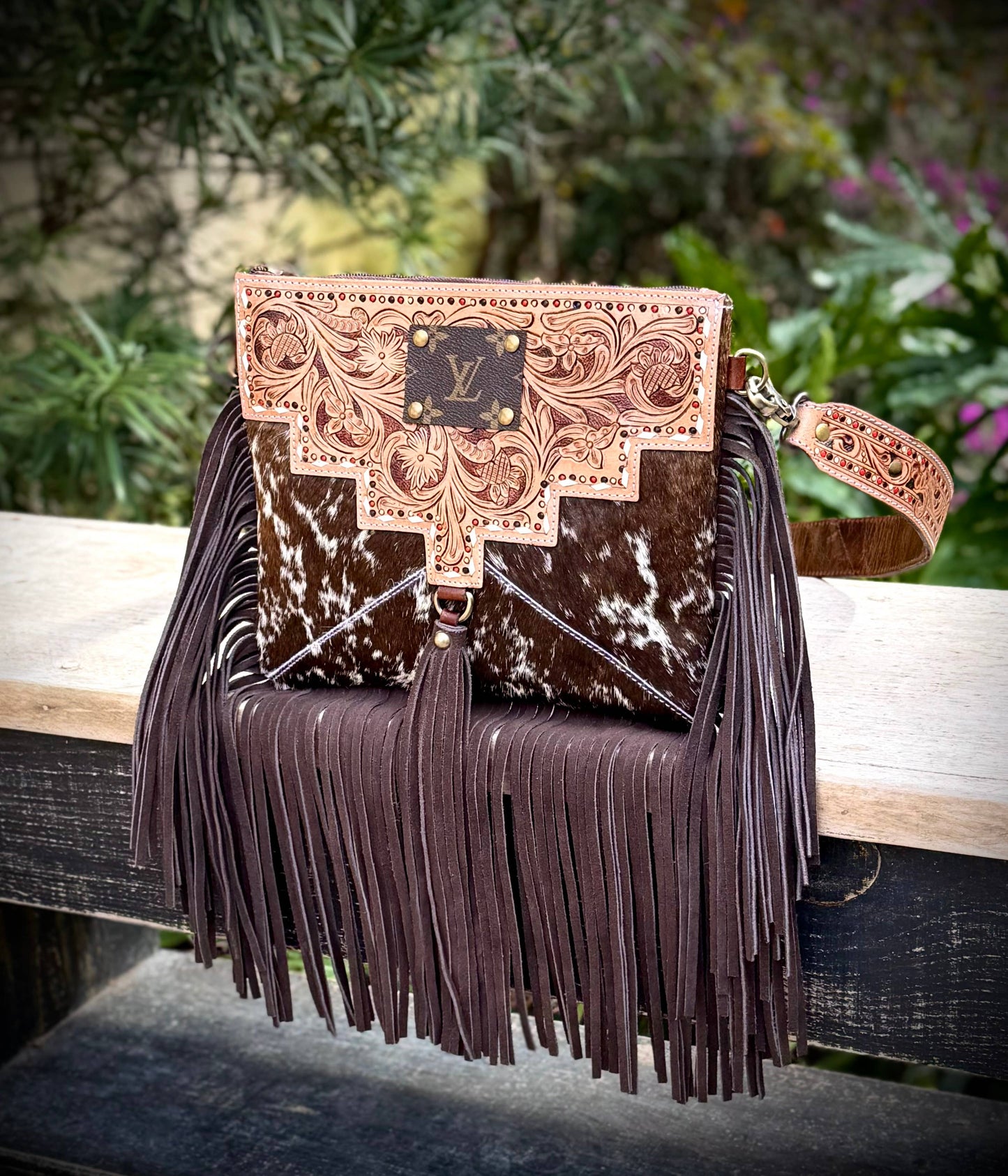 Upcycled LV Cowhide Tooled Leather Fringe Crossbody Bag