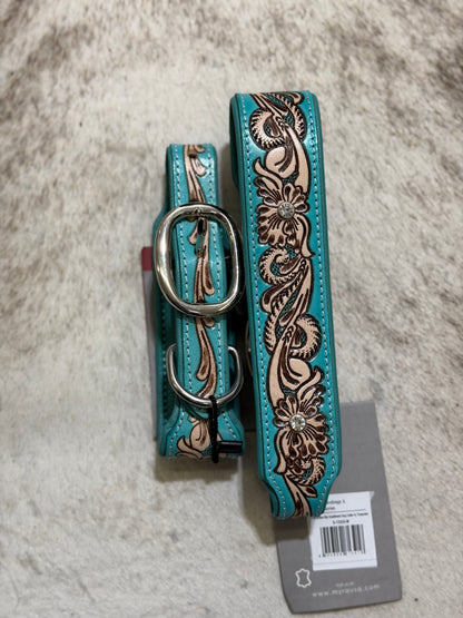 RTS Turquoise Leather Tooled Dog Collar