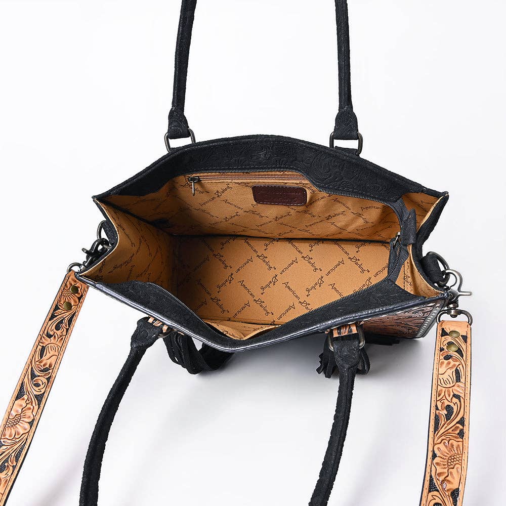 ADBG230DM1 Hand Tooled Leather Tote Bag with Black Center & Natural Floral Tooled Accents