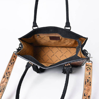 ADBG230DM1 Hand Tooled Leather Tote Bag with Black Center & Natural Floral Tooled Accents