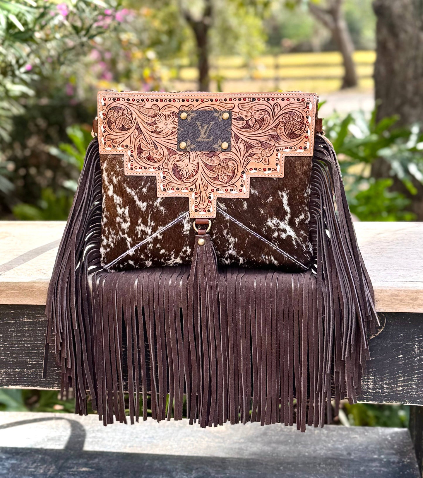 Upcycled LV Cowhide Tooled Leather Fringe Crossbody Bag 