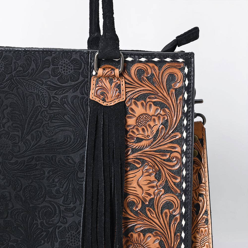 ADBG230DM1 Hand Tooled Leather Tote Bag with Black Center & Natural Floral Tooled Accents