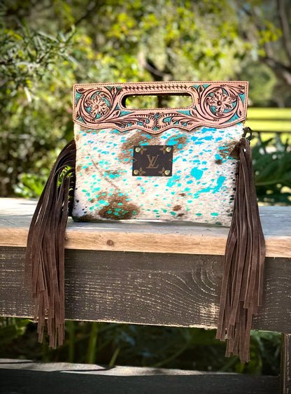 Upcycled LV Cowhide Leather Crossbody Clutch Bag Western