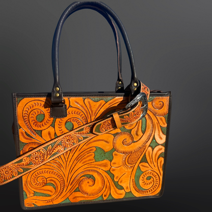 Western Tooled Leather Handbag - Turquoise