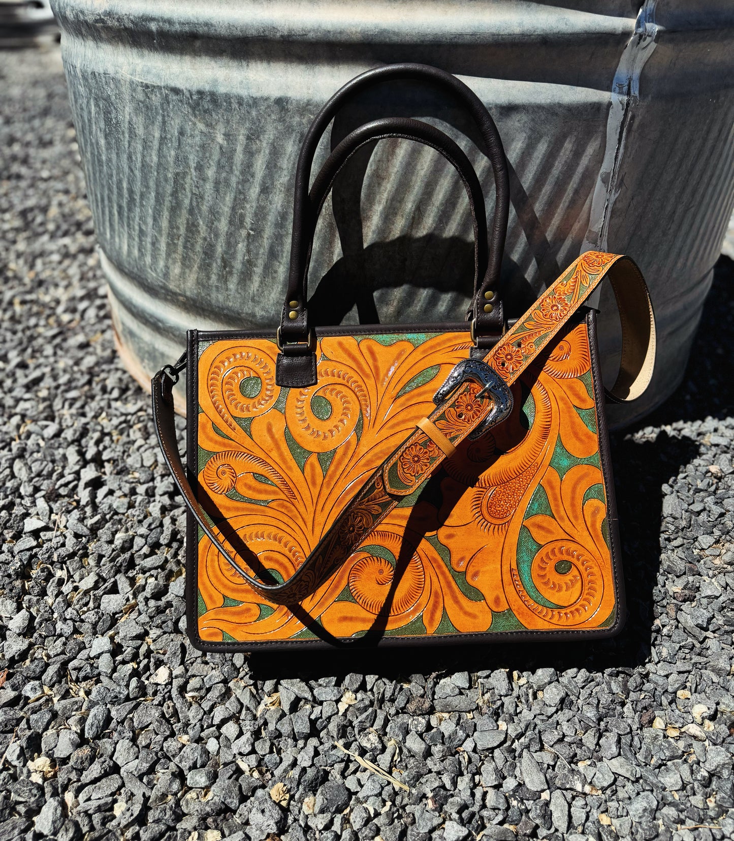 Western Tooled Leather Handbag - Turquoise