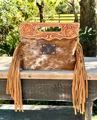 Upcycled LV Cowhide Leather Crossbody Clutch Bag Western