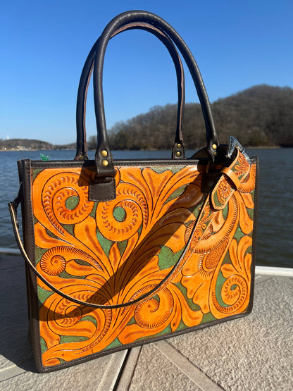 Western Tooled Leather Handbag - Turquoise
