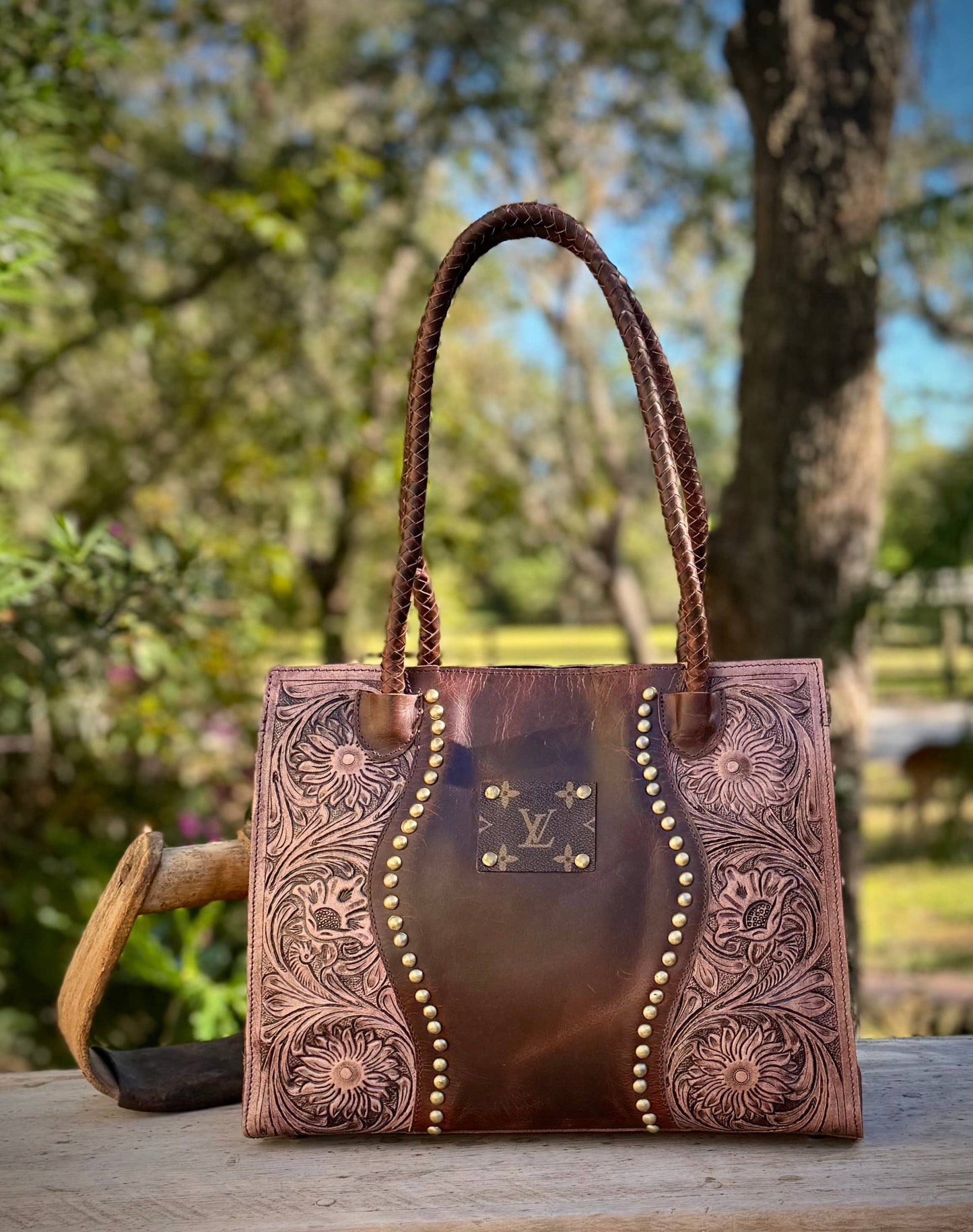 Upcycled LV Leather Satchel Crossbody Bag Western Studs
