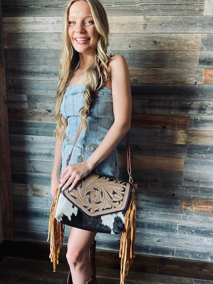 Detailed Tooled Leather Fringe Cowhide Western Purse