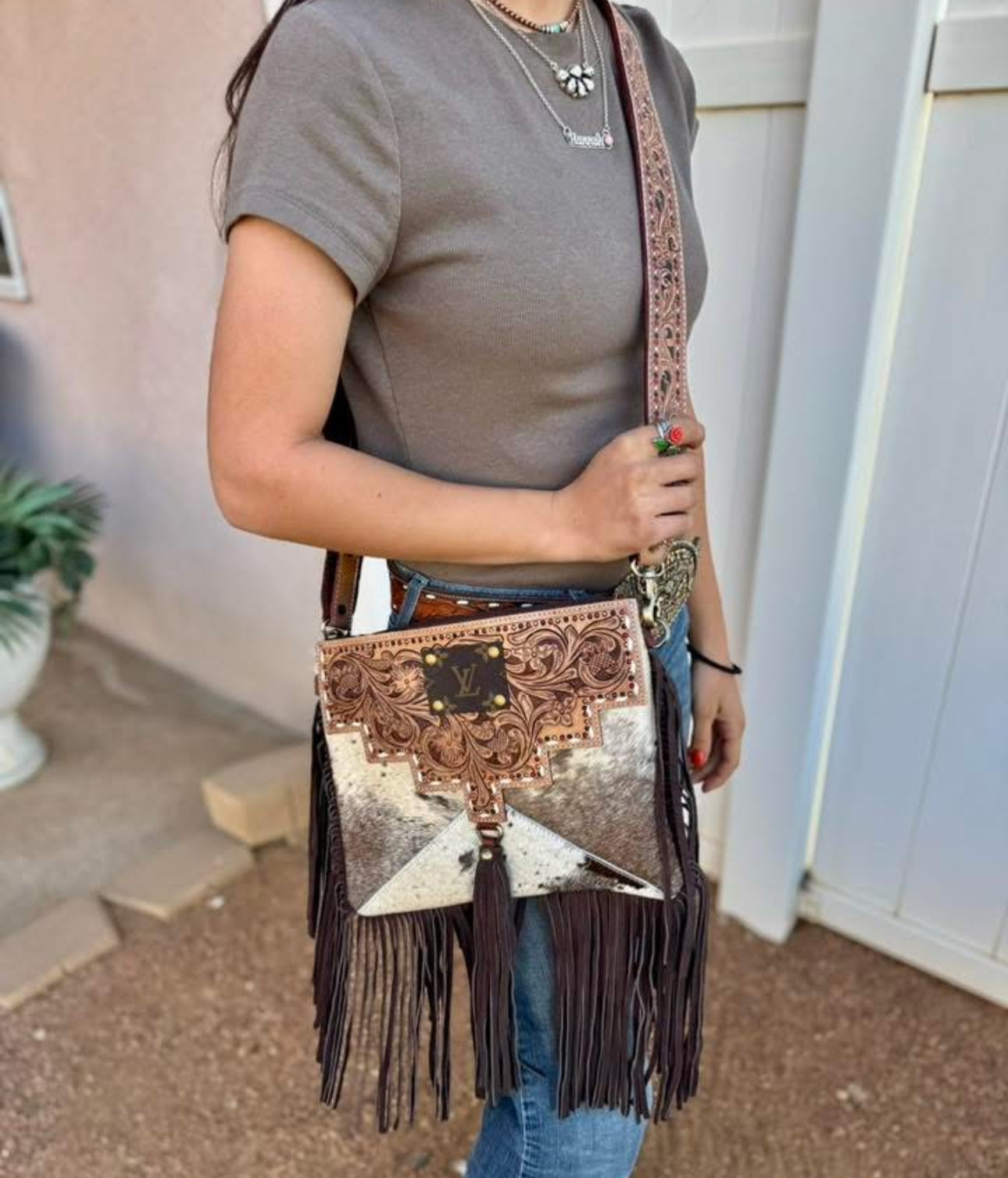 Upcycled LV Tooled Leather Cowhide Fringe Crossbody Bag 