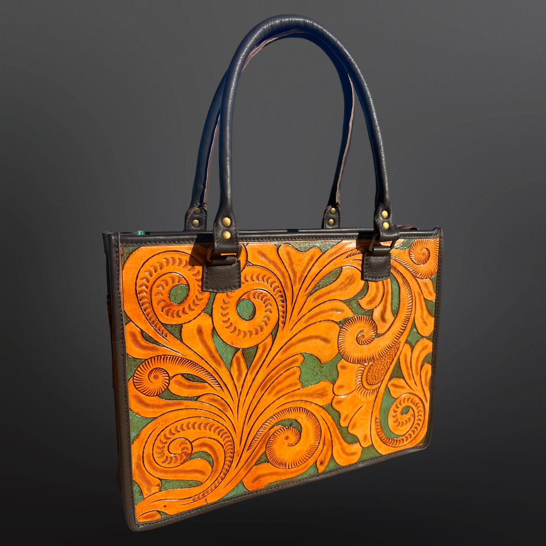 Western Tooled Leather Handbag - Turquoise