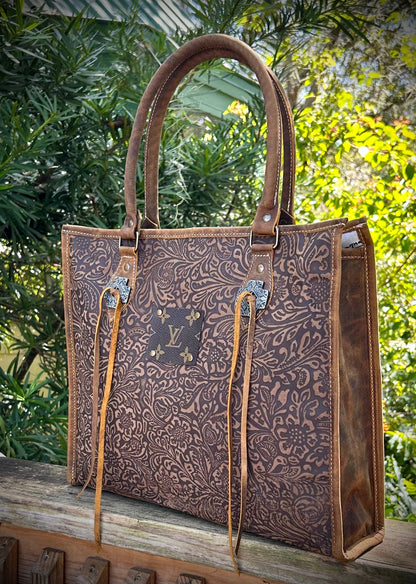 Upcycled LV Embossed Leather Tote Shoulder Bag Western Boho