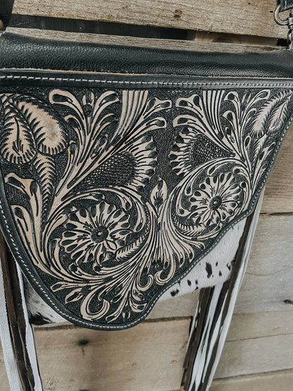 Black Tooled Leather Myra Cowhide Western Bag