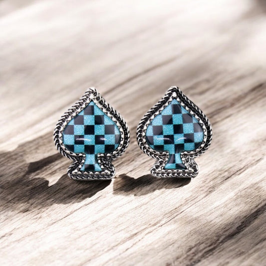 Blue Checker Pattern Spade Stud Earrings