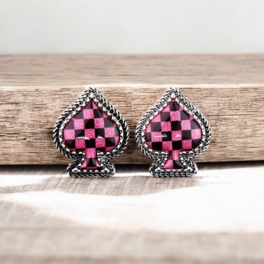 Pink Checker Pattern Spade Stud Earrings