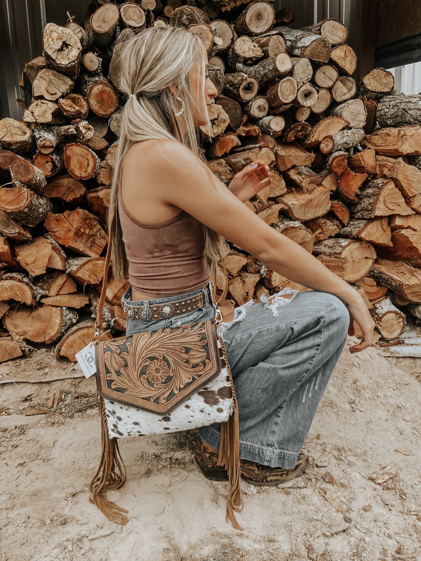 Detailed Tooled Leather Fringe Cowhide Western Purse