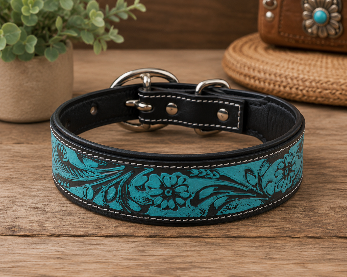 Turquoise Leather Dog collar