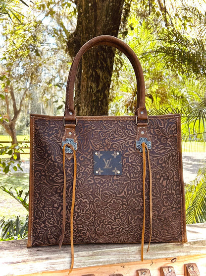 Upcycled LV Embossed Leather Tote Shoulder Bag Western Boho