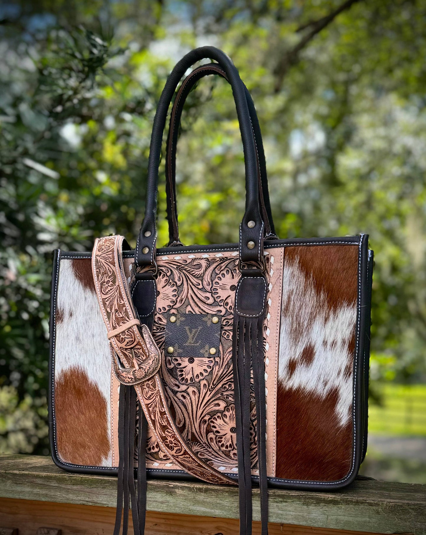 Upcycled LV Cowhide Tooled Leather Tote Crossbody Western 