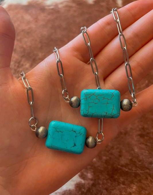 Western Turquoise Navajo Pearl Bar Necklace Paperclip Chain