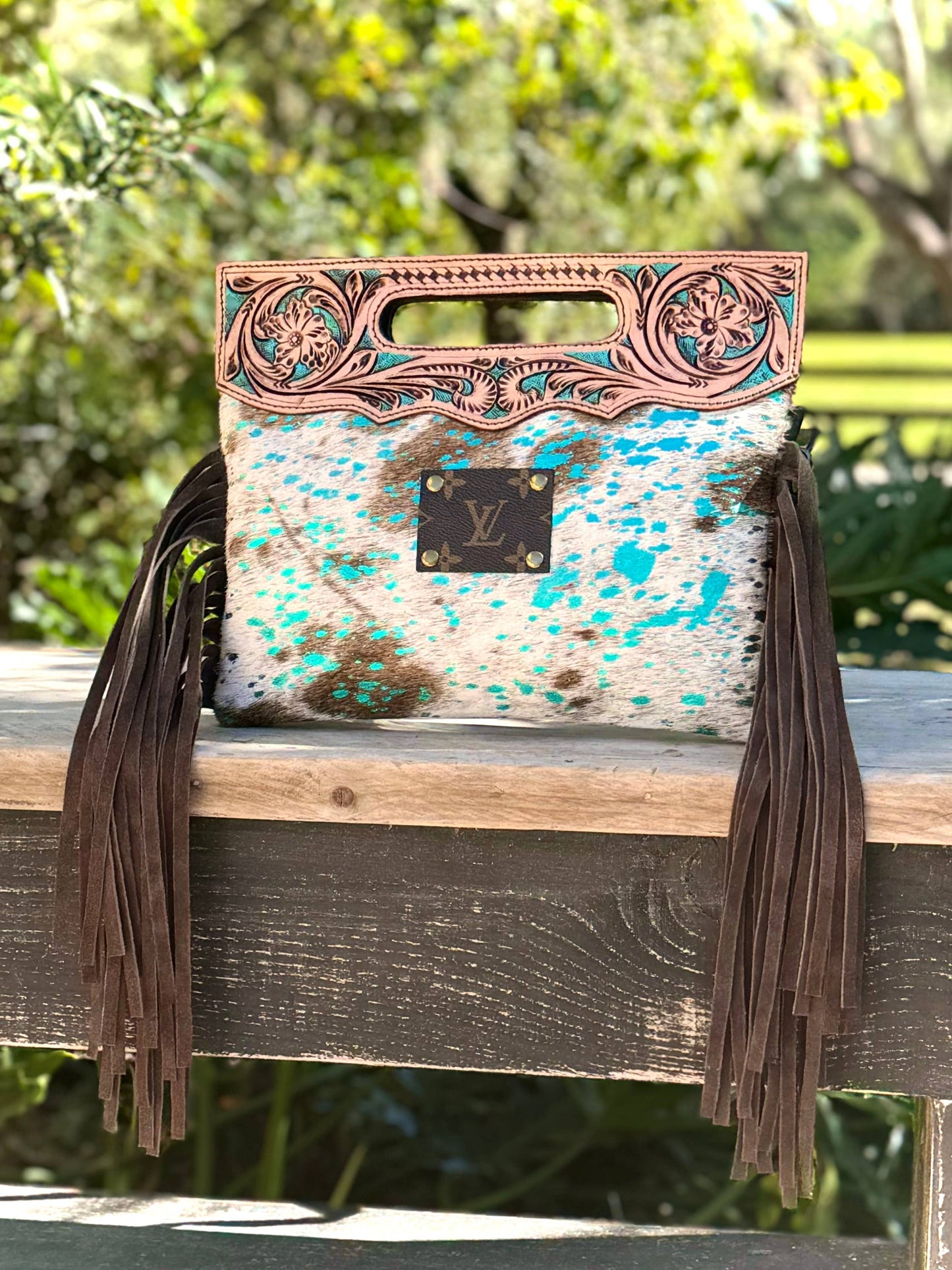 Upcycled LV Cowhide Leather Crossbody Clutch Bag Western