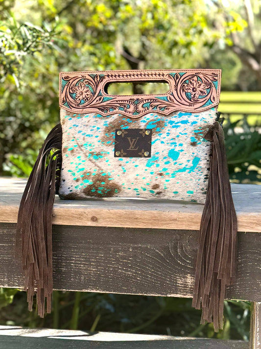 Upcycled LV Cowhide Leather Crossbody Clutch Bag Western