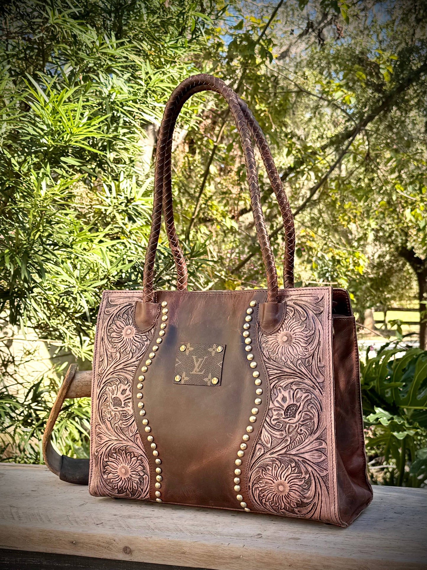 Upcycled LV Leather Satchel Crossbody Bag Western Studs