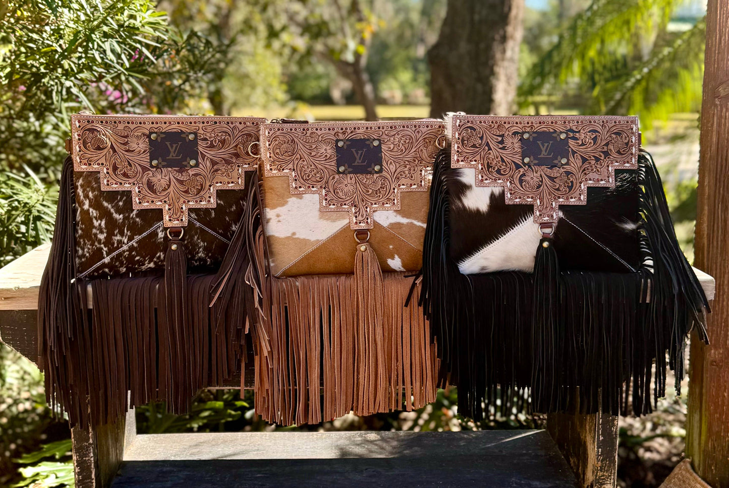Upcycled LV Tooled Leather Cowhide Fringe Crossbody Bag 