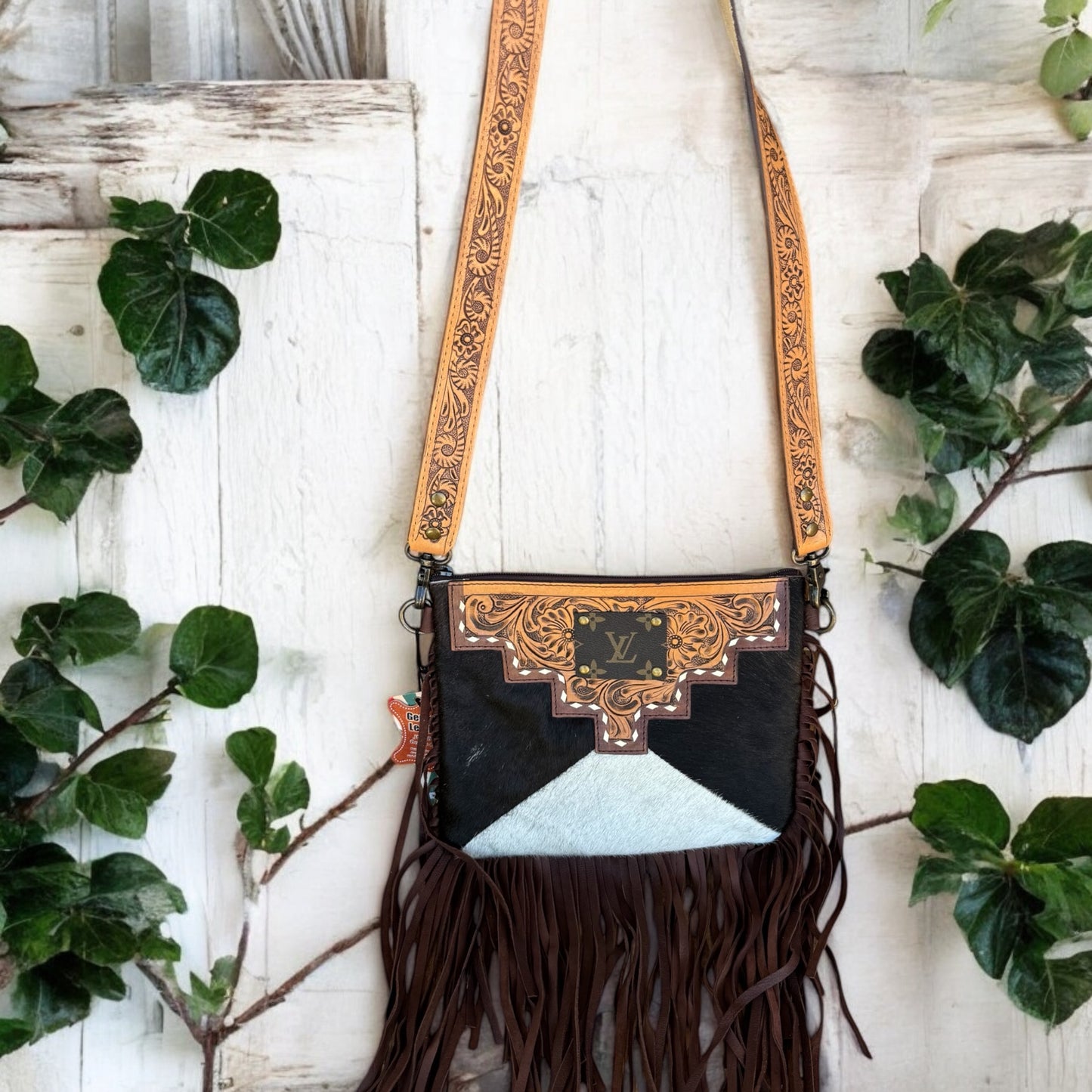 Upcycled LV Cowhide Leather Fringe Crossbody Bag Western