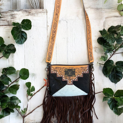 Upcycled LV Cowhide Leather Fringe Crossbody Bag Western