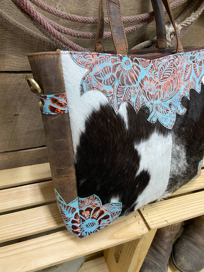 Turquoise Tooled Leather Cowhide Tote Purse Laptop Bag