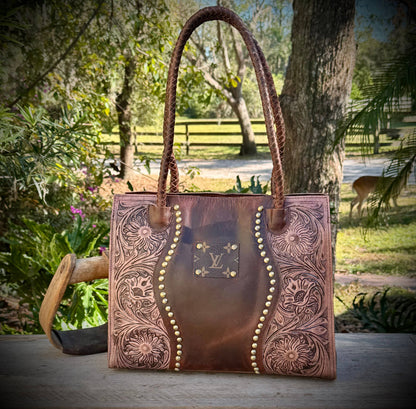 Upcycled LV Leather Satchel Crossbody Bag Western Studs