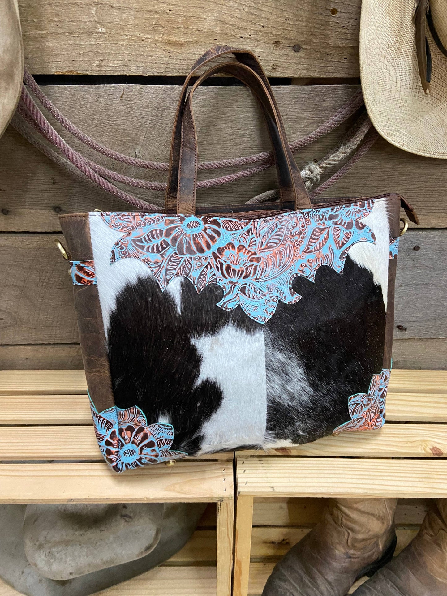 Turquoise Tooled Leather Cowhide Tote Purse Laptop Bag