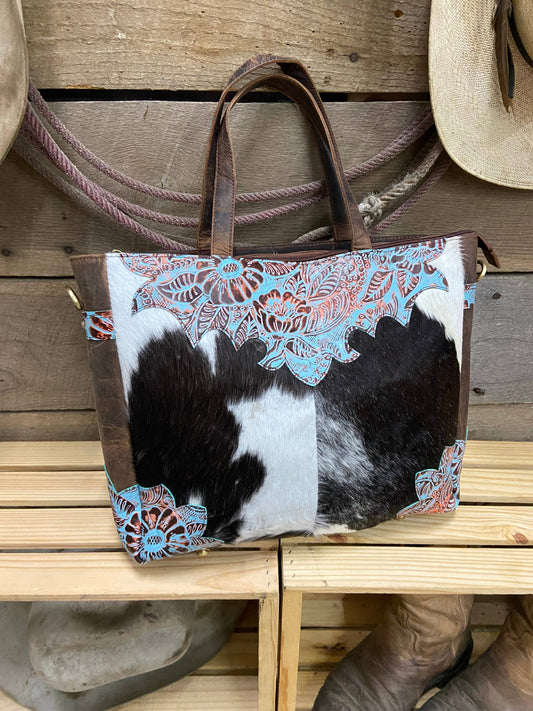 Turquoise Tooled Leather Cowhide Tote Purse Laptop Bag