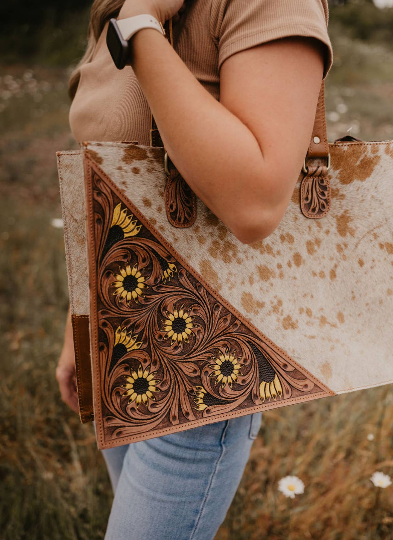 Large leather Sunflower and hide handbag