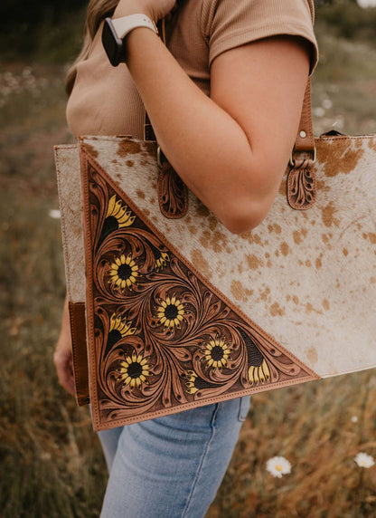 Large leather Sunflower and hide handbag