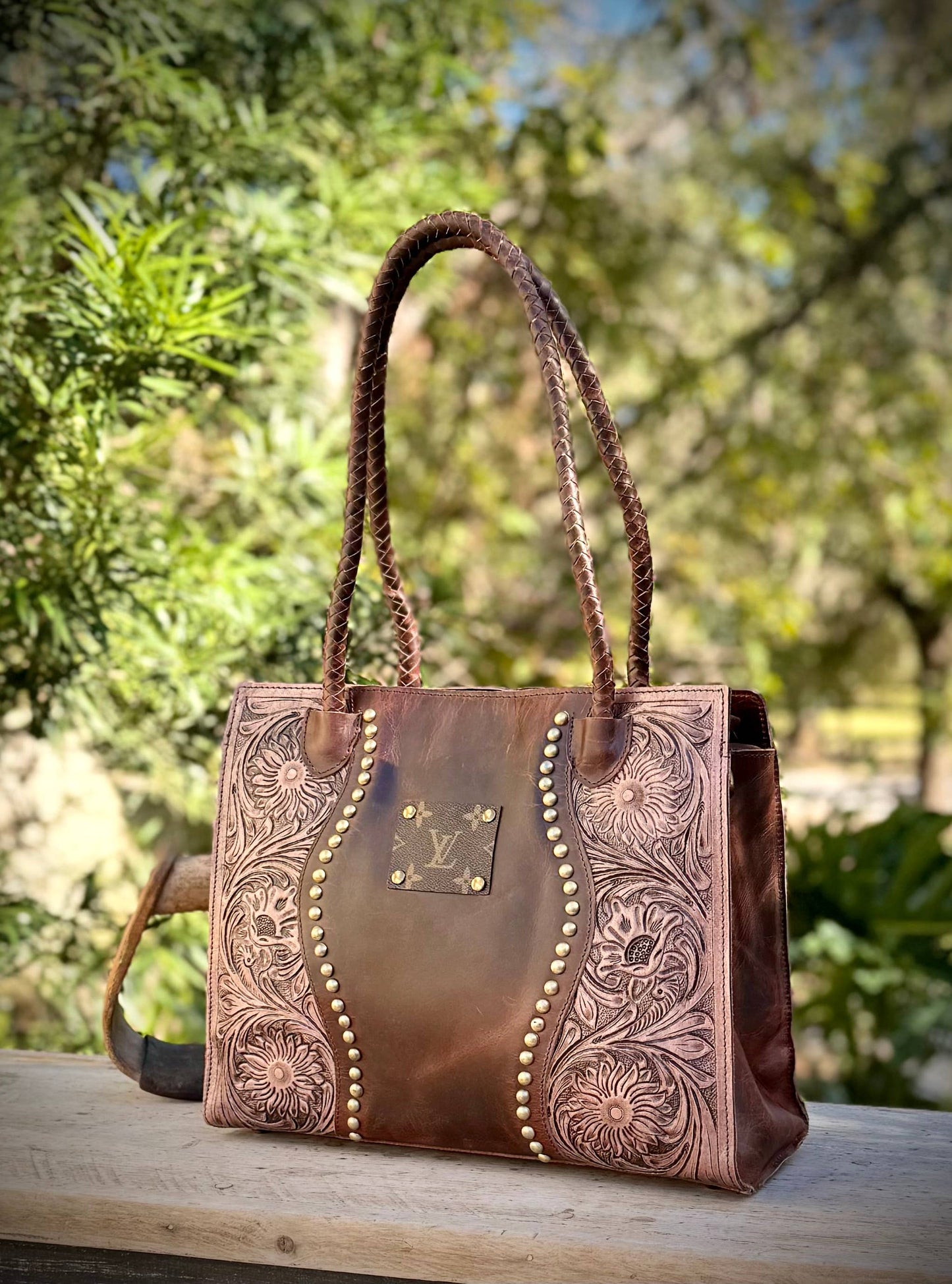 Upcycled LV Leather Satchel Crossbody Bag Western Studs