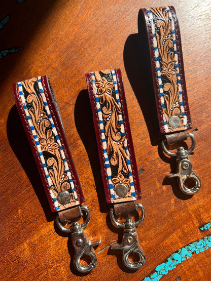 Tooled Leather Western Blue Floral Keychain