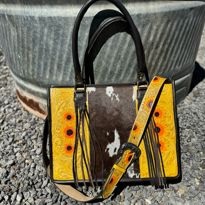 Western Tooled Leather Handbag - Sunflower