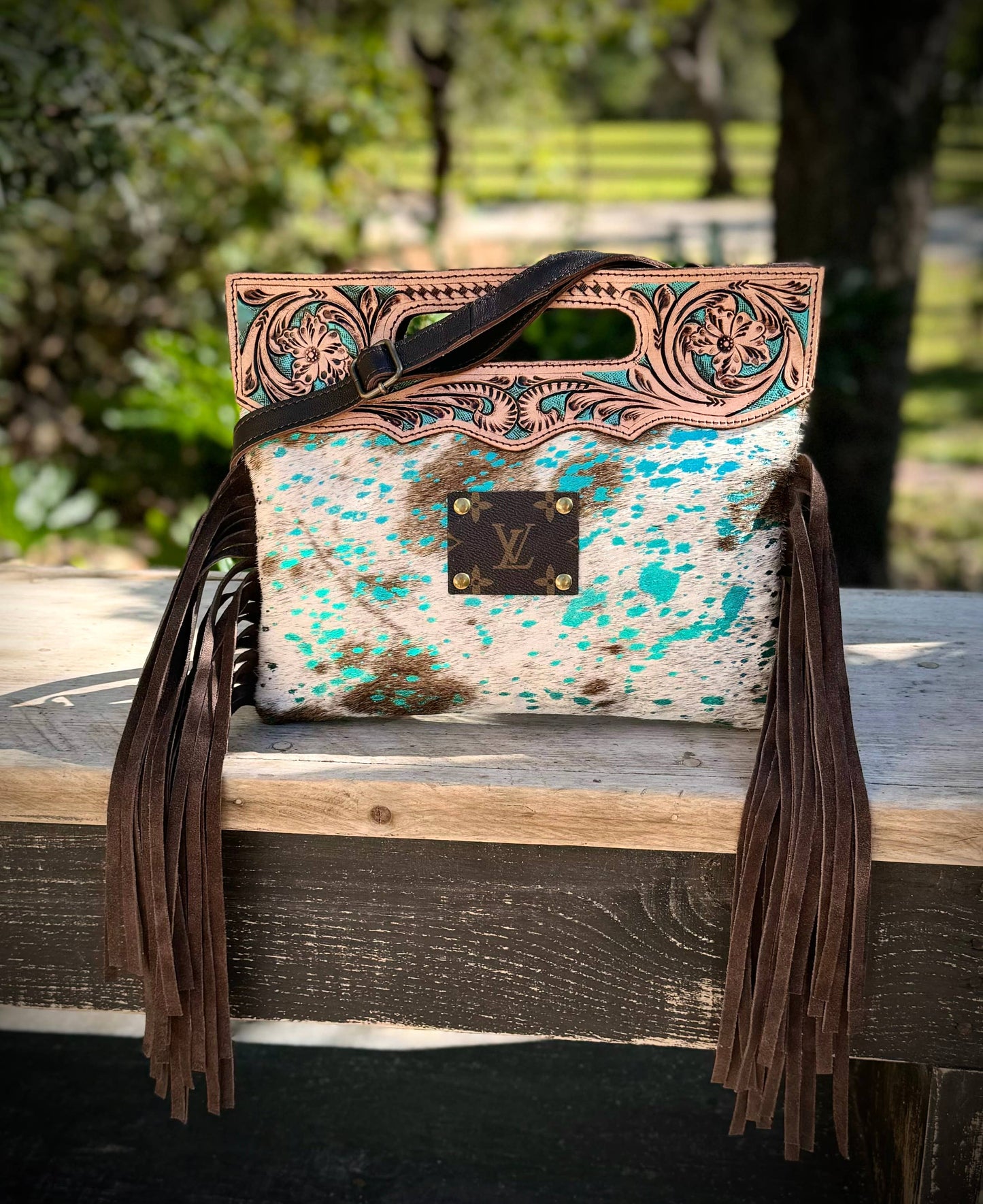 Upcycled LV Cowhide Leather Crossbody Clutch Bag Western