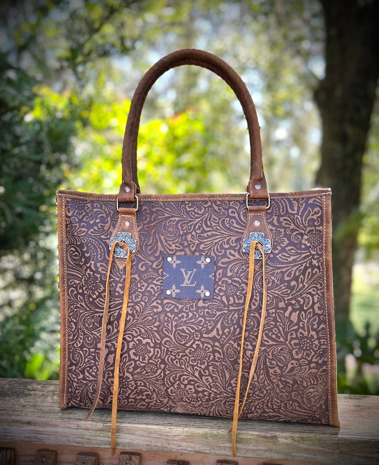 Upcycled LV Embossed Leather Tote Shoulder Bag Western Boho