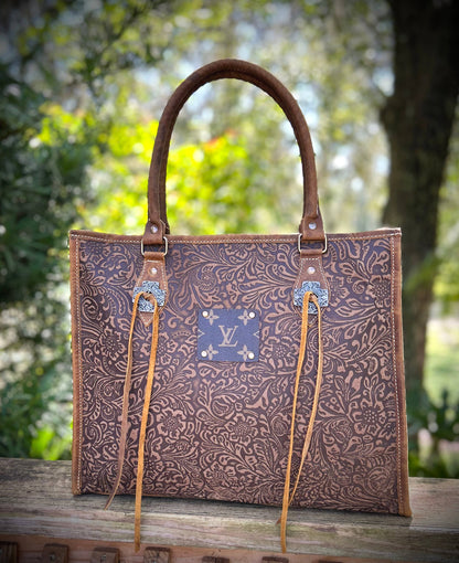 Upcycled LV Embossed Leather Tote Shoulder Bag Western Boho