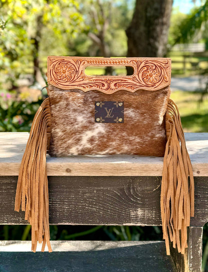 Upcycled LV Cowhide Leather Crossbody Clutch Bag Western