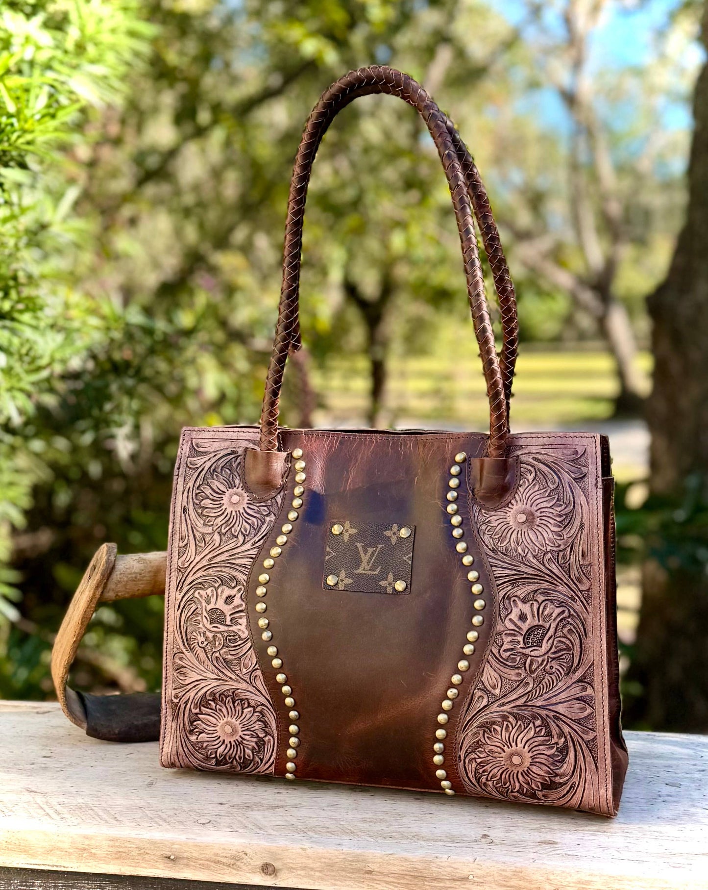 Upcycled LV Leather Satchel Crossbody Bag Western Studs