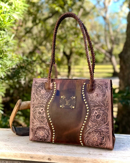Upcycled LV Leather Satchel Crossbody Bag Western Studs