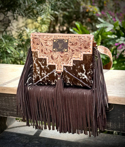 Upcycled LV Cowhide Tooled Leather Fringe Crossbody Bag 