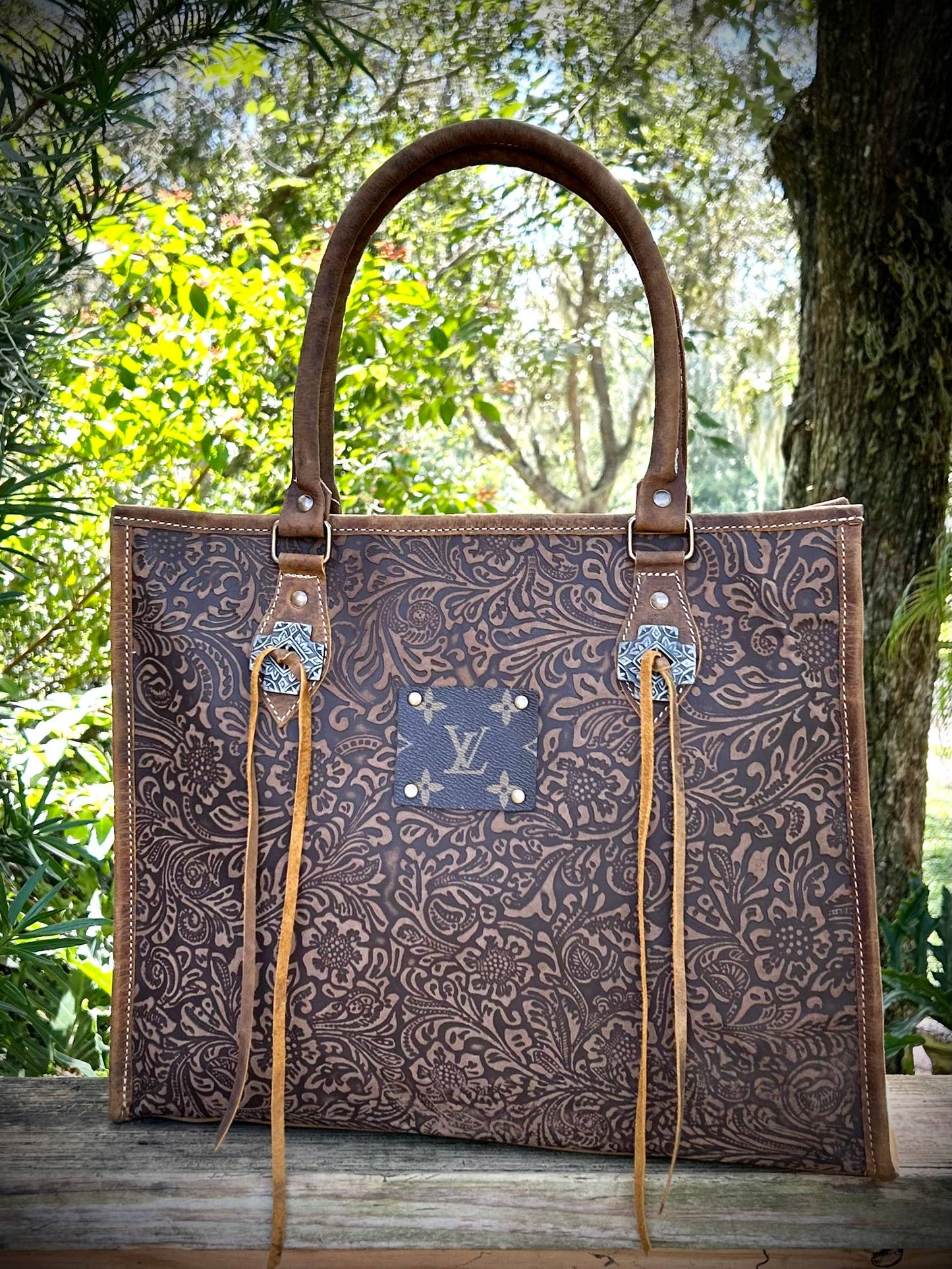 Upcycled LV Embossed Leather Tote Shoulder Bag Western Boho