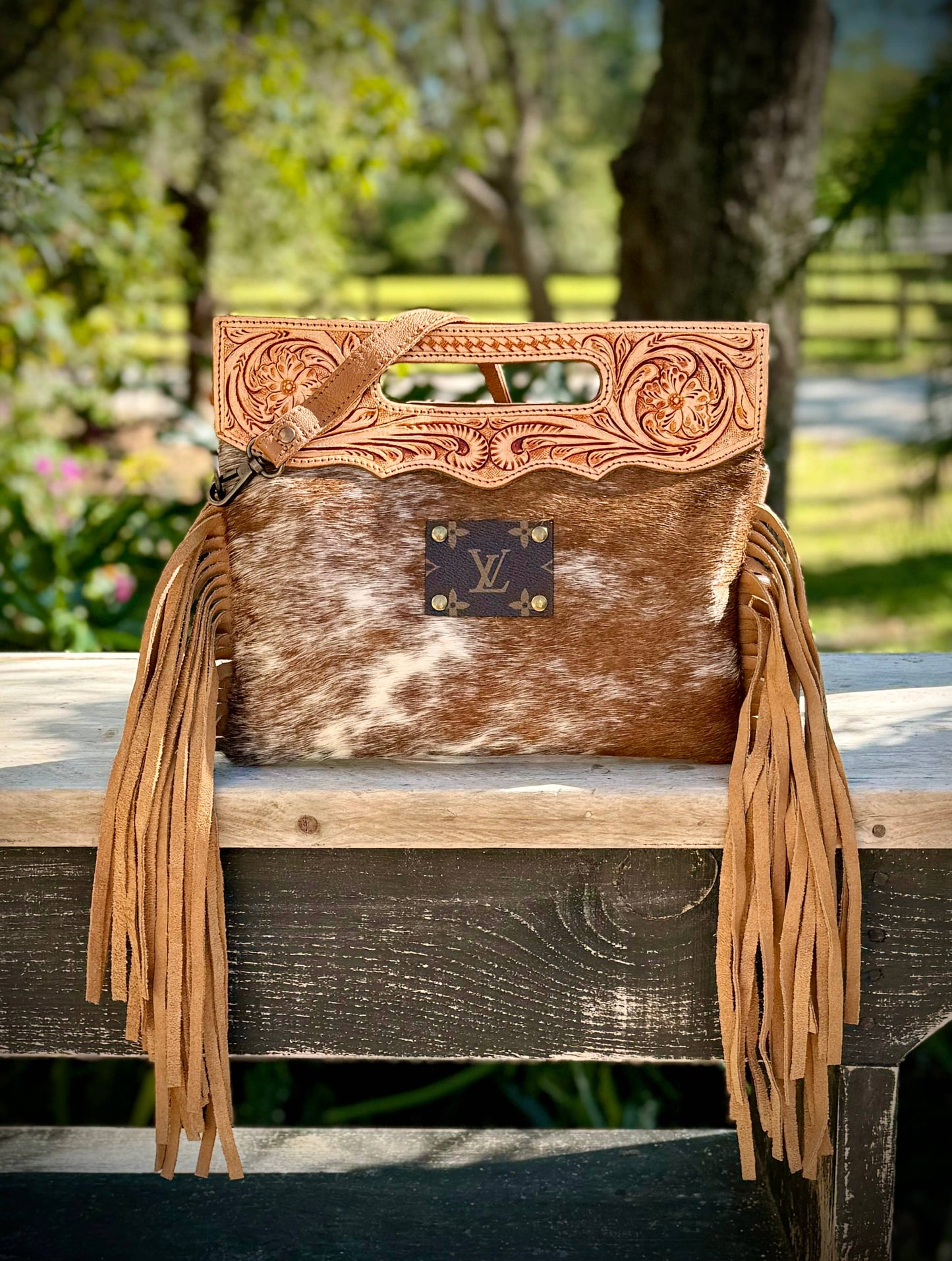 Upcycled LV Cowhide Leather Crossbody Clutch Bag Western
